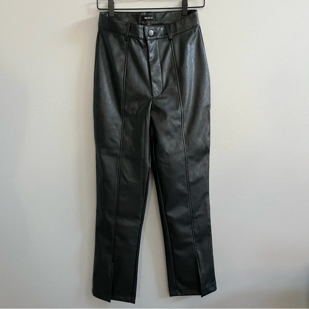 Wildfox Womens Faux Leather Pants Size Small High Waisted Straight Leg Split Hem - Picture 2 of 8